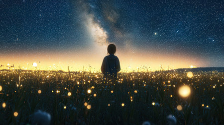 A little boy stands in the field and looks at the starry sky.の素材