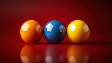 3d render of colorful balls on a red background with reflection.の素材