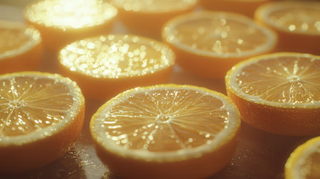 Slices of lemon and orange on a dark background. Selective focus.の素材