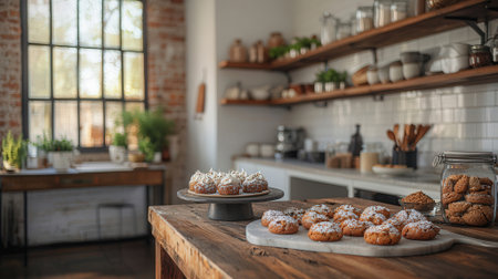 Cookies on a wooden table in the kitchen of a modern houseの素材