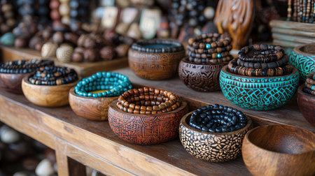 Colorful wooden bowls with beads and bracelets for sale in the marketの素材