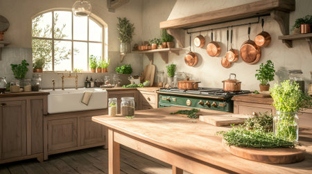 interior of modern rustic kitchen with wooden furniture. 3d renderingの素材