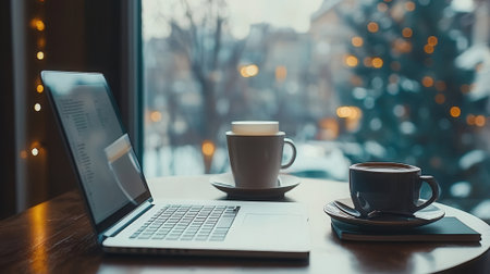 Coffee cup and laptop on wooden table in coffee shop.の素材