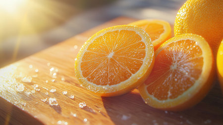 Slices of orange on a wooden board. Close-upの素材