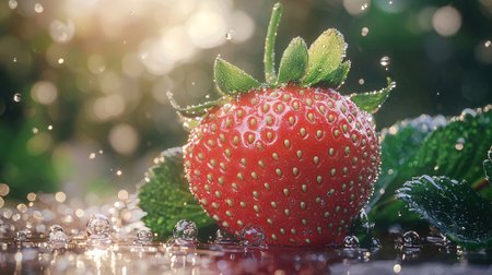 Strawberry fruit with water drops on bokeh background.の素材
