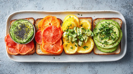 Variety of sandwiches with salmon, avocado, grapefruit, lemon and chia seedsの素材