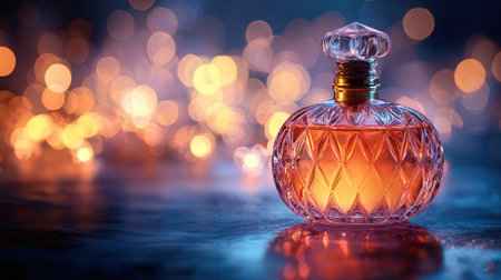 Bottle of perfume on bokeh background. Copy space.の素材