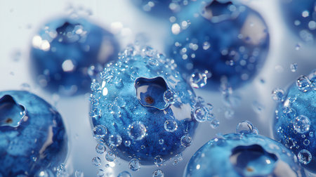Blueberries in water with bubbles. 3d illustration. Macro.の素材
