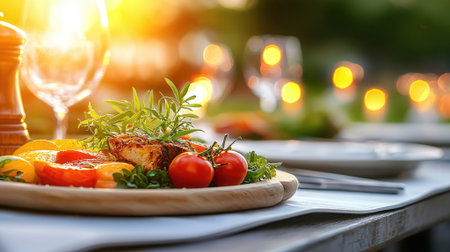 Grilled chicken fillet with vegetables served on table in restaurant outdoorsの素材