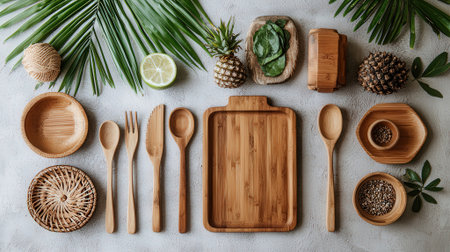 Wooden kitchen utensils and palm leaves on a white backgroundの素材