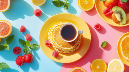 Cup of coffee with pancakes and fresh fruits on colorful background, top viewの素材