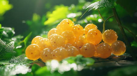 Bunch of yellow grapes on a wooden table in the garden.の素材