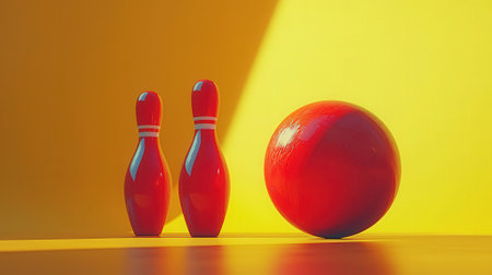 Bowling ball and skittles on yellow background. 3d renderingの素材