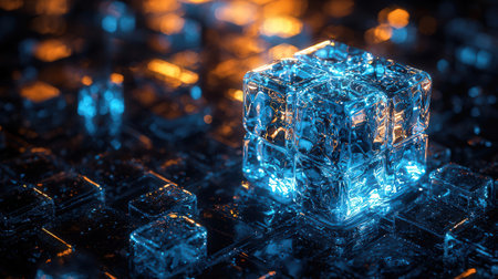 Abstract cube on the circuit board background. 3d render illustration.の素材