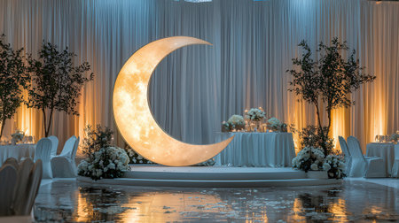 Wedding ceremony in a restaurant with a crescent moon.の素材