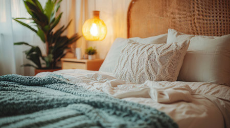 Warm knitted blanket on the bed in the bedroom. Cozy home concept.の素材