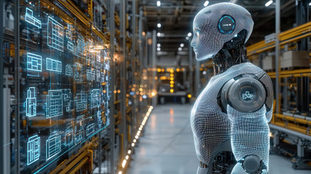 Robot humanoid working in a modern warehouse. 3D rendering.の素材