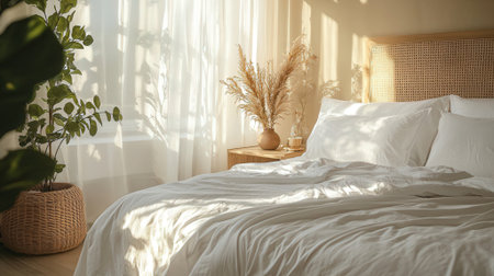 Comfortable pillow on bed with light from window. Interior design conceptの素材
