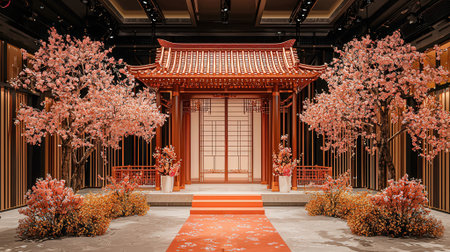 3D rendering of a Japanese temple with red carpet in the gardenの素材