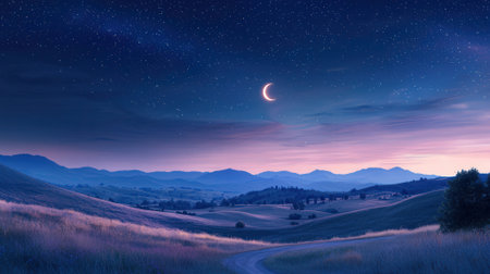 Mountain landscape at night with moon and stars in the sky.の素材