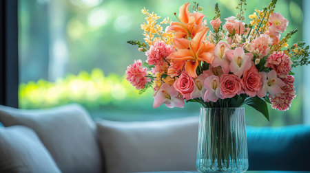 Bouquet of flowers in vase on table, stock photoの素材