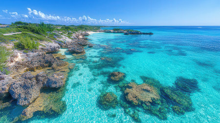 Aerial view of beautiful tropical beach with turquoise water and coral reef in Okinawa, Japanの素材