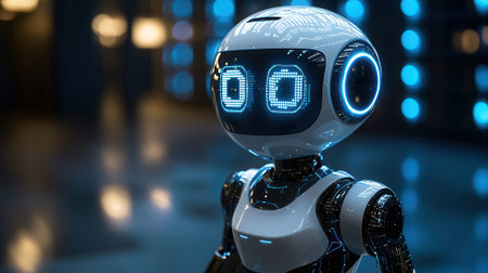 3d rendering humanoid robot with binary code number 0 on screen.の素材