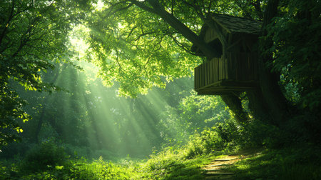 Wooden birdhouse in the green forest with sunlight and sunbeamsの素材