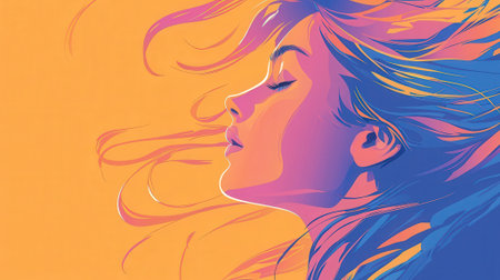 Illustration of a beautiful woman's face on a colorful background.の素材