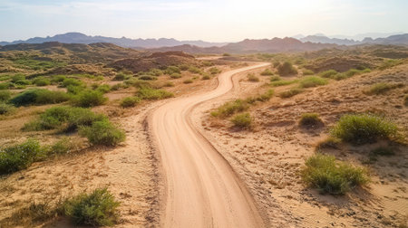 Aerial view of a desert road in Wadi Rum, Jordanの素材