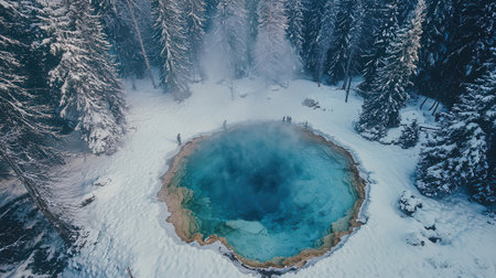 Aerial view of turquoise turquoise lake in winter forest.の素材