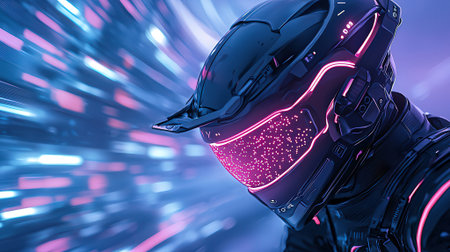 3D rendering of a cyber man in a helmet with neon lightsの素材