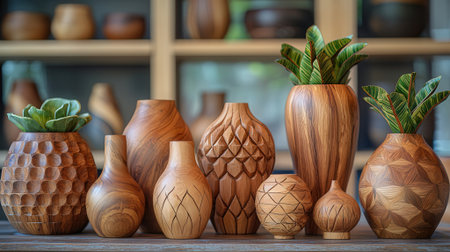 Wooden vases with plants on the shelf in the store.の素材