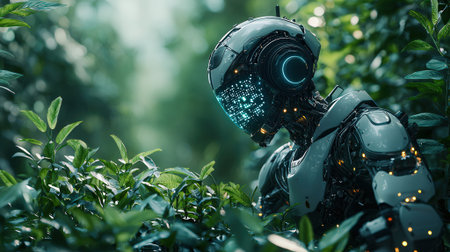 Cyborg in the green forest. Artificial intelligence concept. 3d rendering.の素材