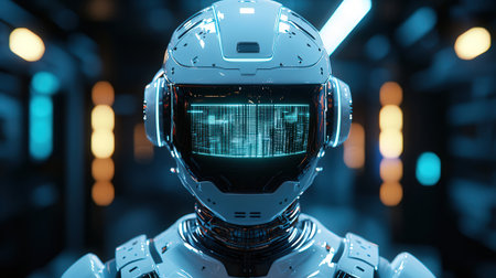 3d rendering humanoid robot looking at screen of monitor with stock chartの素材