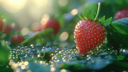 Strawberry with drops of water on the background of green grassの素材