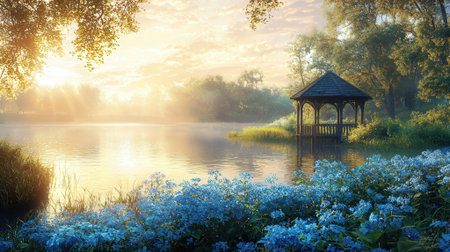 Beautiful morning landscape with blue hydrangeas and gazebo on the lakeの素材
