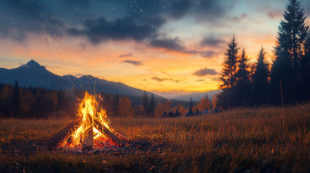 Camping fire in the mountains at sunset. Beautiful summer landscape.の素材