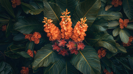 Beautiful orange flowers with green leaves background, vintage color tone.の素材