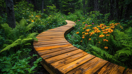 Wooden walkway in the forest with flowers and fernsの素材