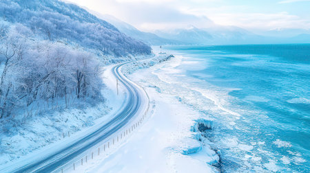 Aerial view of winter road on the shore of Lake Baikal.の素材
