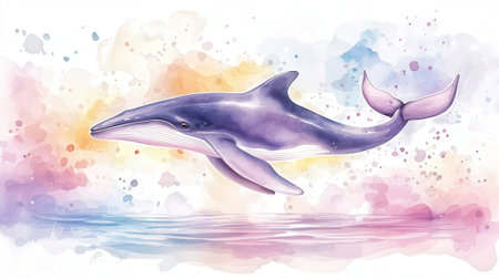 Watercolor illustration of a whale in the ocean. Hand drawn watercolor illustration.の素材