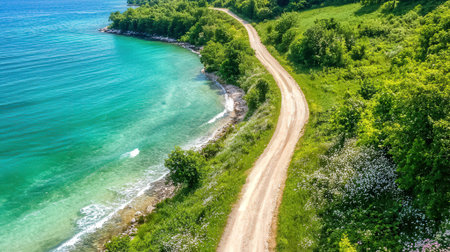 Aerial view of a dirt road leading to the sea in summerの素材