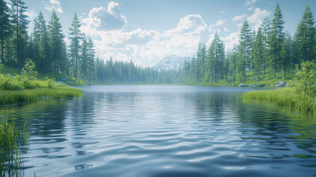 lake in the mountains and coniferous forest. 3d renderingの素材