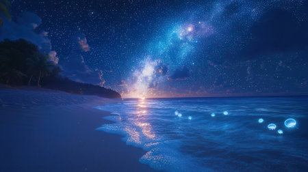 Milky Way over the sea at night. 3D rendering.の素材
