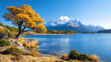 Beautiful landscape of New Zealand alps and lake with trees in foregroundの素材