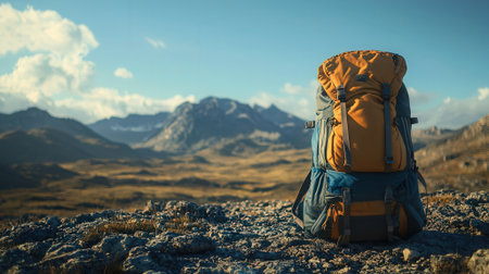 Hiking backpack on a mountain peak. Trekking in the mountains.の素材