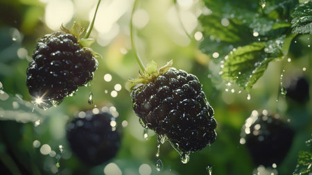 Blackberries with water drops on a branch in the garden. Selective focus.の素材