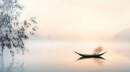 Foggy morning in the lake with wooden boat and bamboo.の素材