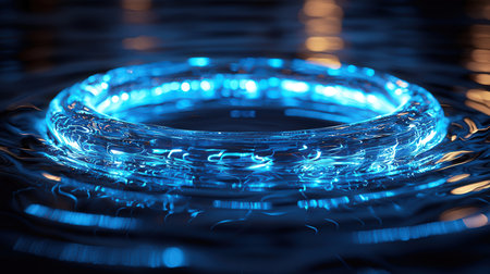 Abstract blue glowing circle on dark background, 3d render illustration.の素材